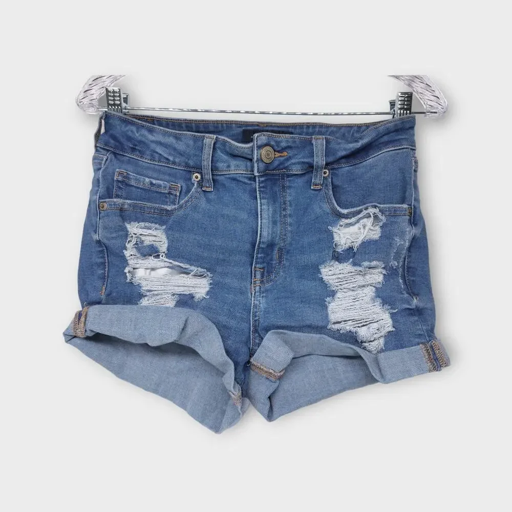Womens Aeropostale High Rise Midi Distressed Blue Jean Shorts Size 8 - Picture 1 of 4